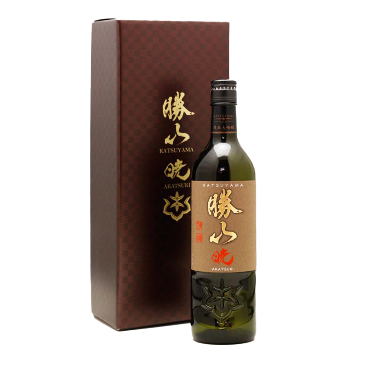 Elegant dark brown vertical gift box for Katsuyama Akatsuki Junmai Daiginjo featuring gold foil lettering and minimalist design