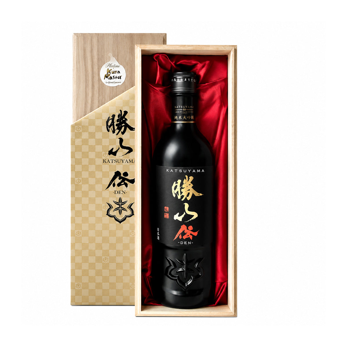 Katsuyama Den Junmai Daiginjo premium Japanese sake in a luxury wooden gift box with red satin lining.