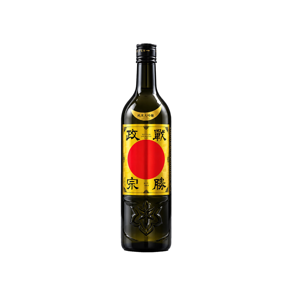 Bottle of Katsuyama Junmai Daiginjo Senshomasamune Japanese sake featuring a gold and red label against a dark glass bottle.