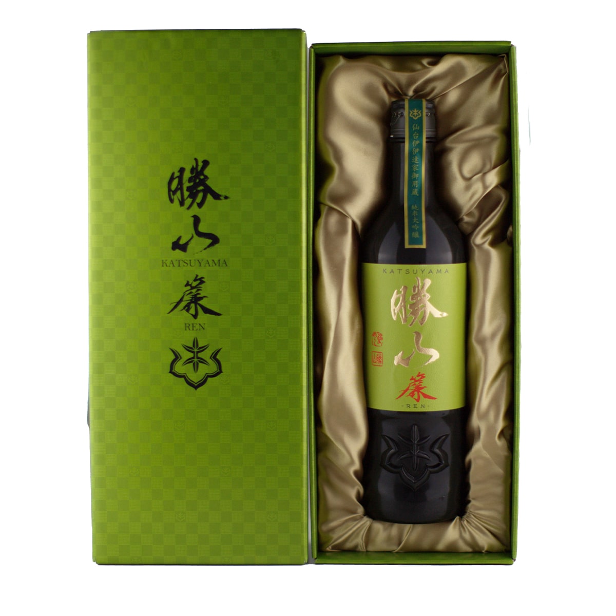 High-quality presentation box for Katsuyama REN Junmai Daiginjo, showcasing the premium gift-ready aesthetic and vertical branding