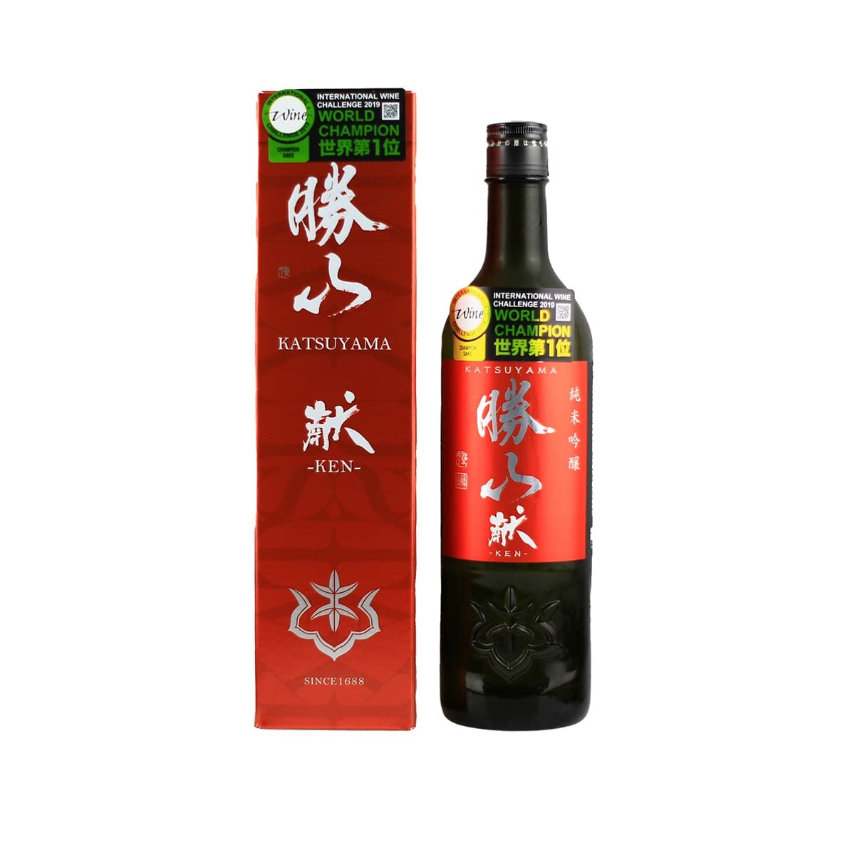 Katsuyama Ken Junmai Ginjo box with bottle, elegant Japanese sake with silky texture, umami-rich flavor, and refined red apple and floral aromas, buy online Sakeya.sg Singapore.