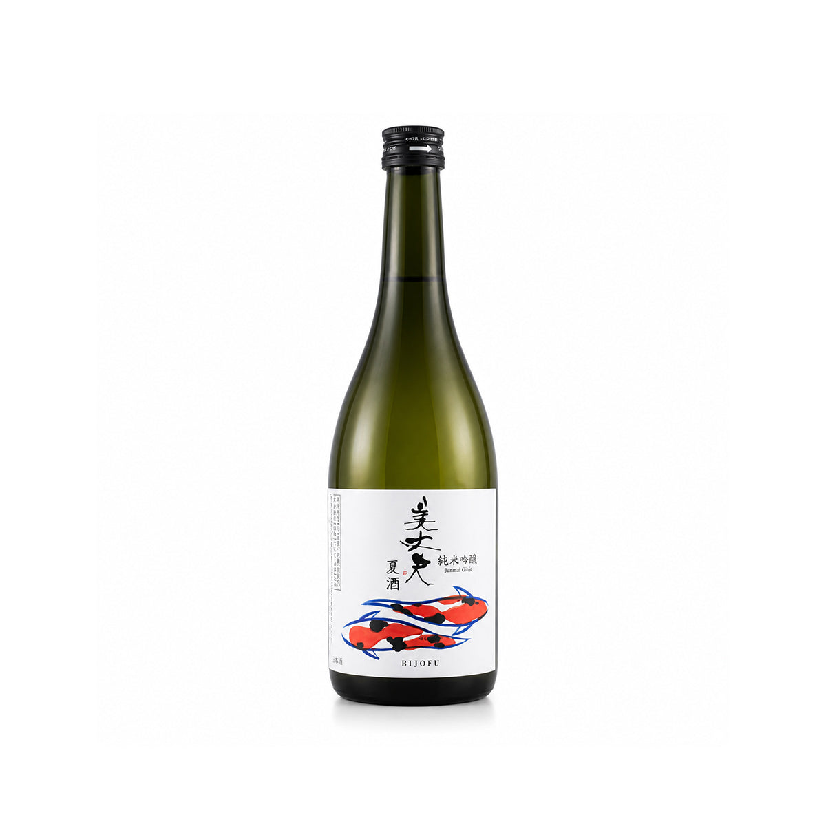 Front view of Bijofu Natsu Junmai Ginjo Summer Sake 720ml premium Japanese sake featuring a white label with colorful koi fish artwork, brewed by Hamakawa Shoten in Kochi, Japan.