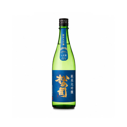 Matsu no Tsukasa Junmai Daiginjo Ryuo Yamadanishiki Yuge Japanese sake bottle with premium blue label and green glass, brewed using Ryuo-grown Yamadanishiki rice