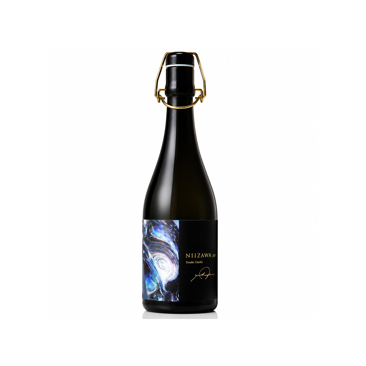 Niizawa Junmai Daiginjo limited edition Japanese sake in a black ceramic bottle with an abstract blue artwork label, photographed on a clean white studio background.