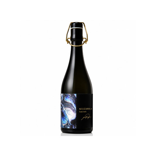 Niizawa Junmai Daiginjo limited edition Japanese sake in a black ceramic bottle with an abstract blue artwork label, photographed on a clean white studio background.