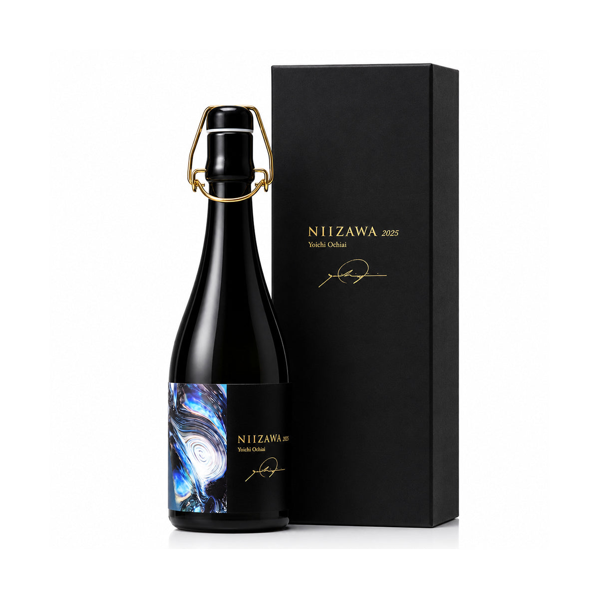 Niizawa 2025 Junmai Daiginjo limited edition Japanese sake in a black bottle with an abstract artwork label, presented beside a matching black gift box on a clean white studio background.