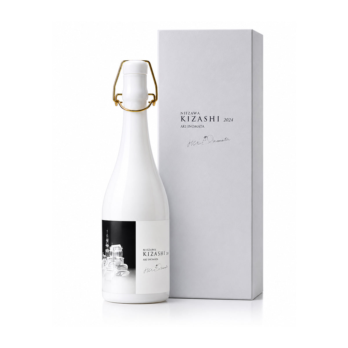 Niizawa KIZASHI 2024 Junmai Daiginjo premium Japanese sake in a white ceramic bottle with a matching white luxury gift box, displayed on a clean white studio background.