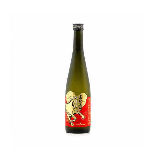 A bottle of Japanese sake with a dark green glass body, a red label featuring a gold horse illustration, and a black cap, set against a plain white background.