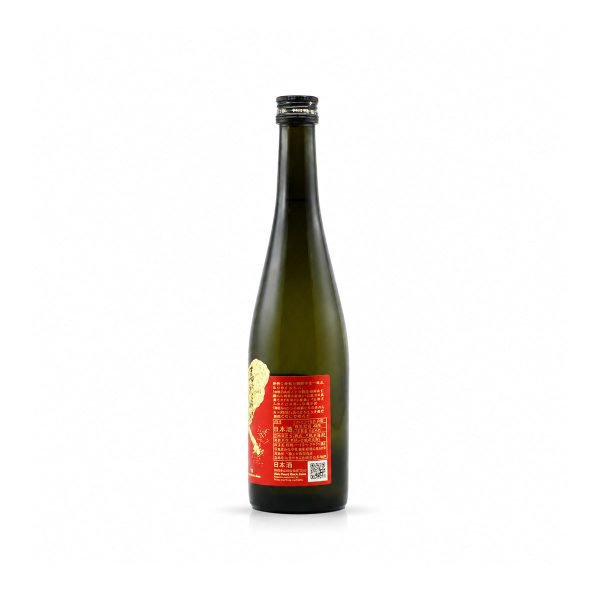 A dark green glass bottle of sake with a red label and black cap, shown against a plain white background.