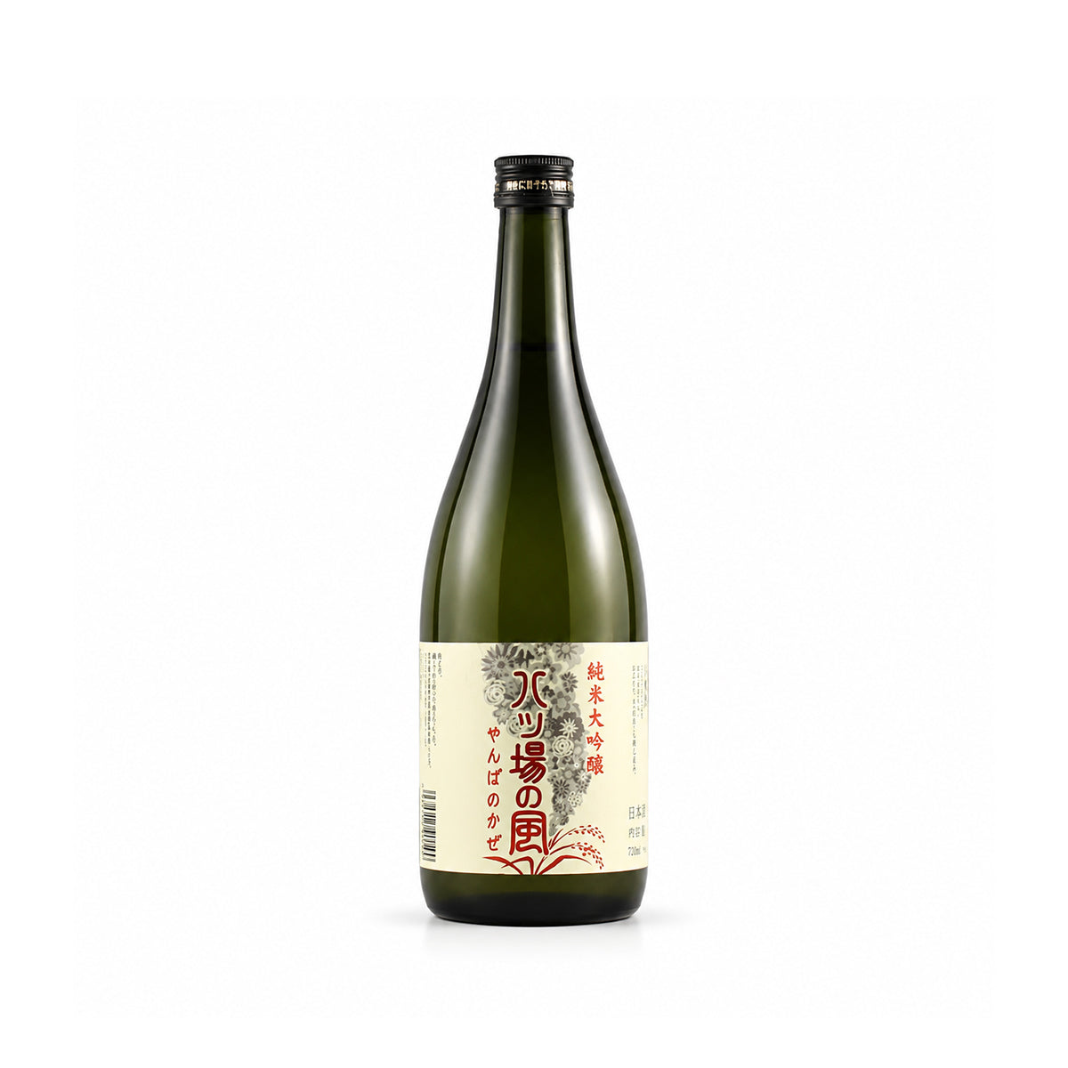 A single bottle of Japanese sake, likely Junmai rice wine, in a dark green glass bottle with a cream-colored label featuring red and black Japanese text, set against a plain white background.