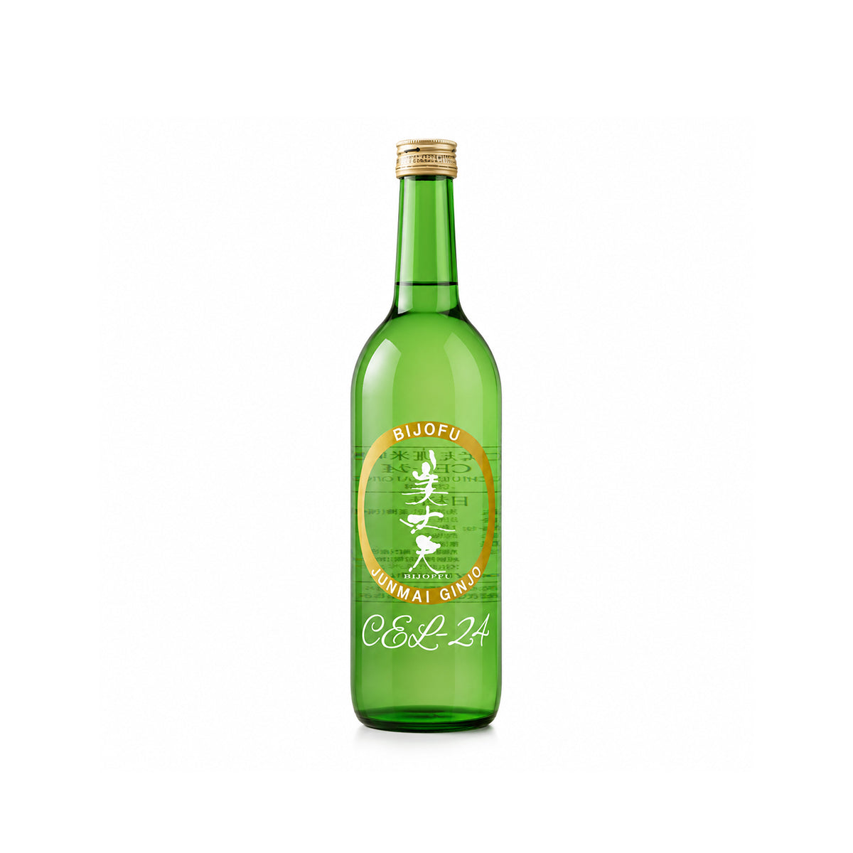 Bijofu CEL-24 Junmai Ginjo Japanese sake 720ml from Kochi, Japan, premium green bottle on a white background