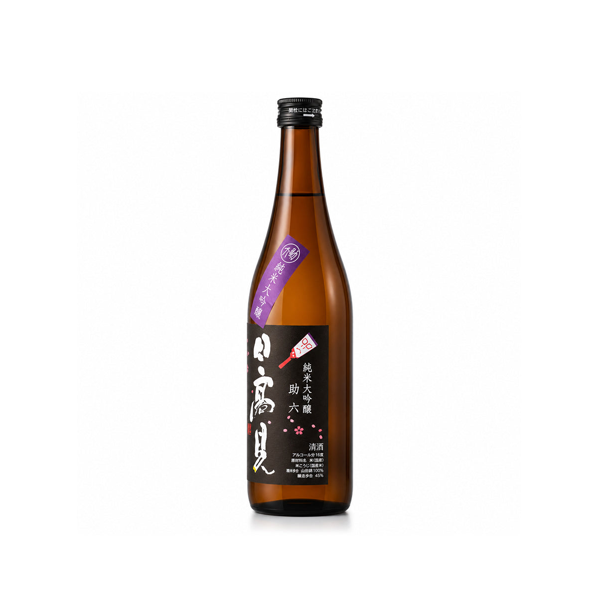 Detailed back label of Hitakame Junmai Daiginjo Sukeroku Edo Sakura with brewing and technical specifications