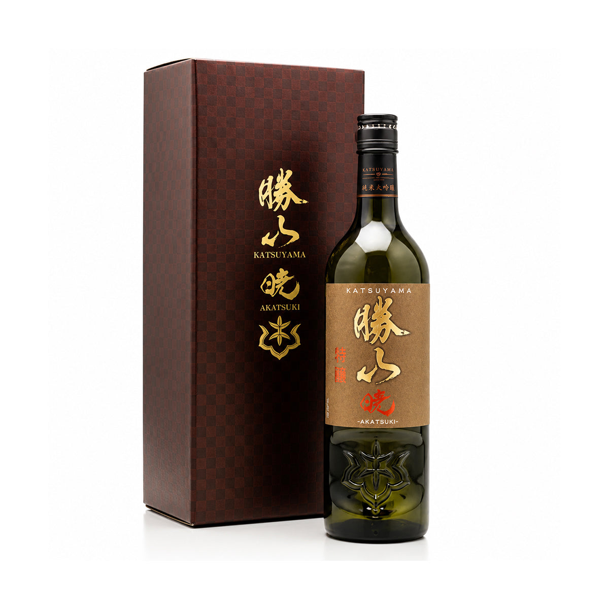 Elegant dark brown vertical gift box for Katsuyama Akatsuki Junmai Daiginjo featuring gold foil lettering and minimalist design