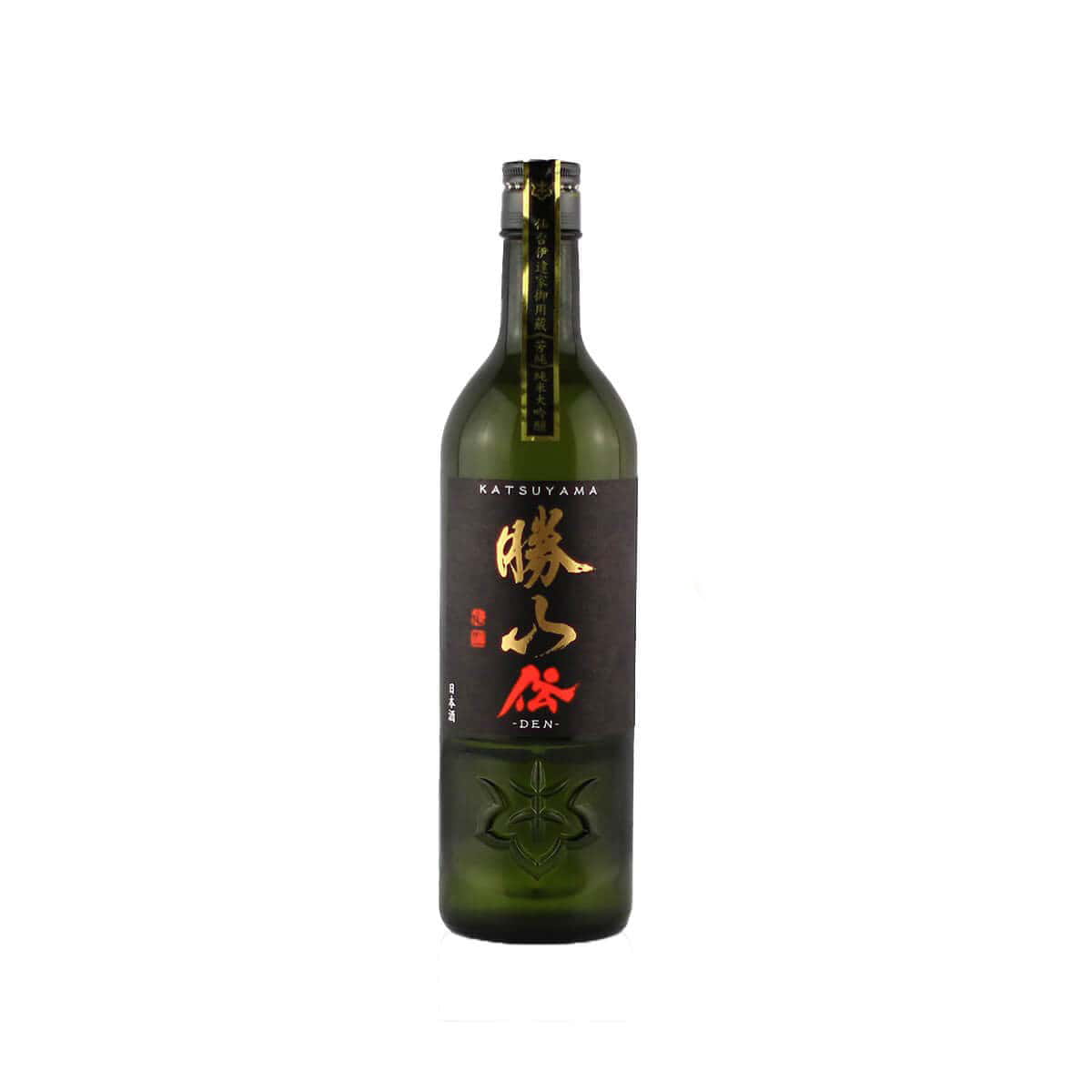 Front view of Katsuyama Junmai Daiginjo DEN sake bottle featuring a white textured label with bold Gold Japanese calligraphy.