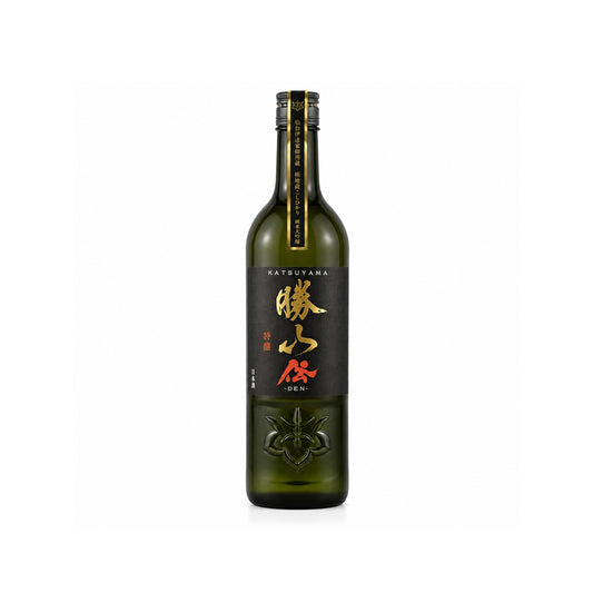 Front view of Katsuyama Junmai Daiginjo DEN sake bottle featuring a white textured label with bold Gold Japanese calligraphy.
