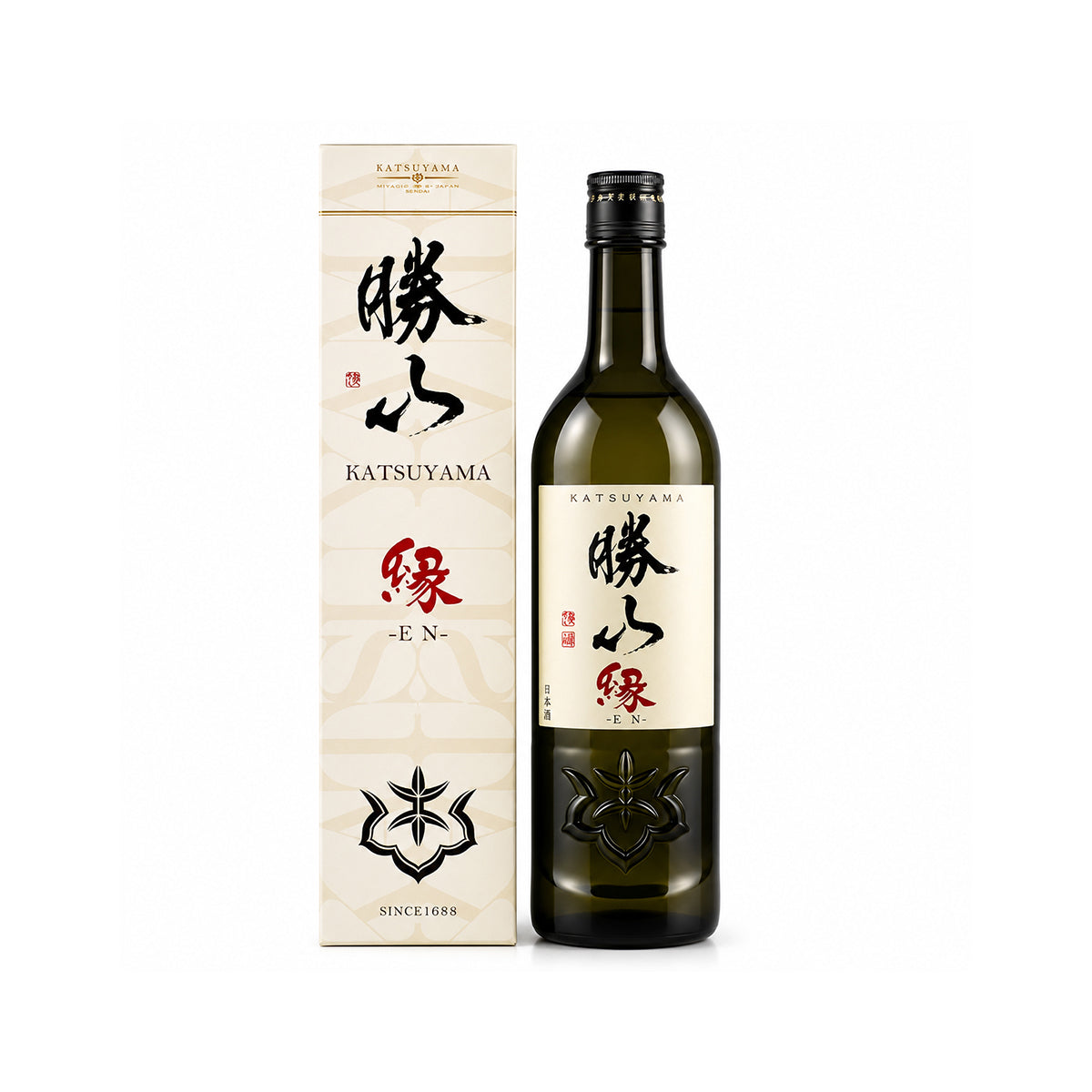Elegant dark presentation box for Katsuyama EN Tokubetsu Junmai with minimalist branding and a luxury gift finish