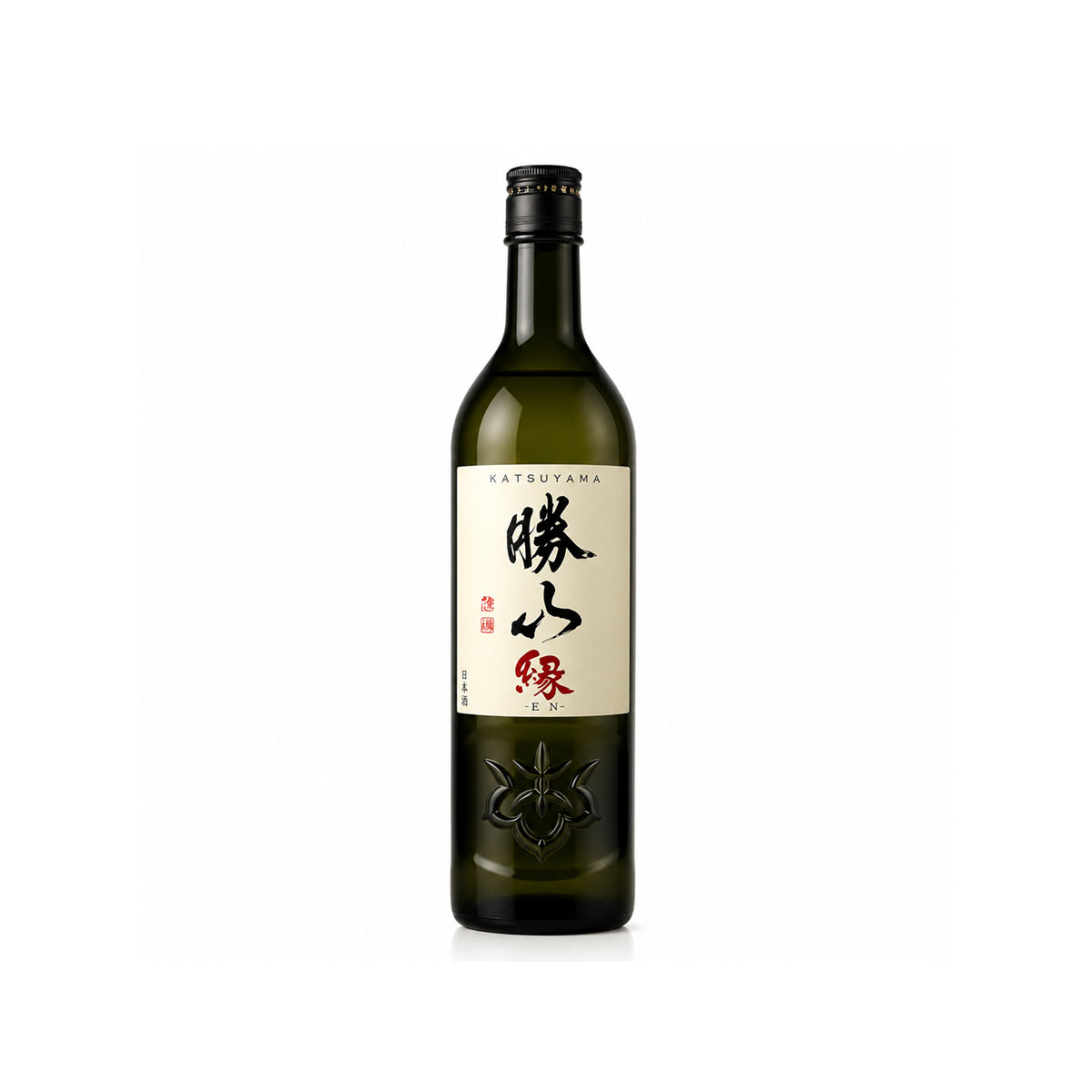 Front view of Katsuyama Tokubetsu Junmai EN bottle with a textured label featuring bold black calligraphy and a red stamp