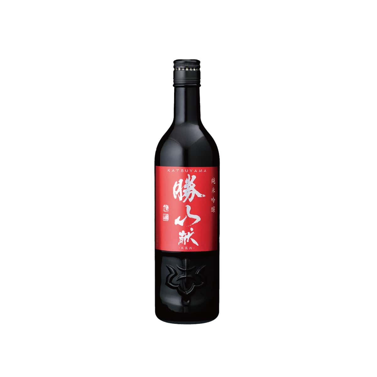 Front view of Katsuyama Junmai Ginjo KEN bottle with a textured label featuring bold black Japanese calligraphy and a distinctive red seal