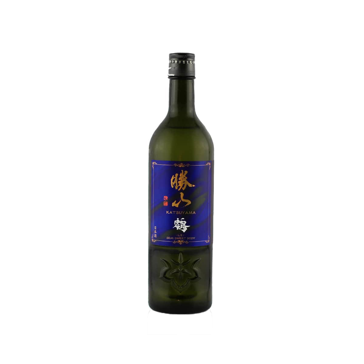 Front view of Katsuyama Junmai Ginjo LEI Sapphire bottle featuring the elegant blue-themed label and distinctive modern branding