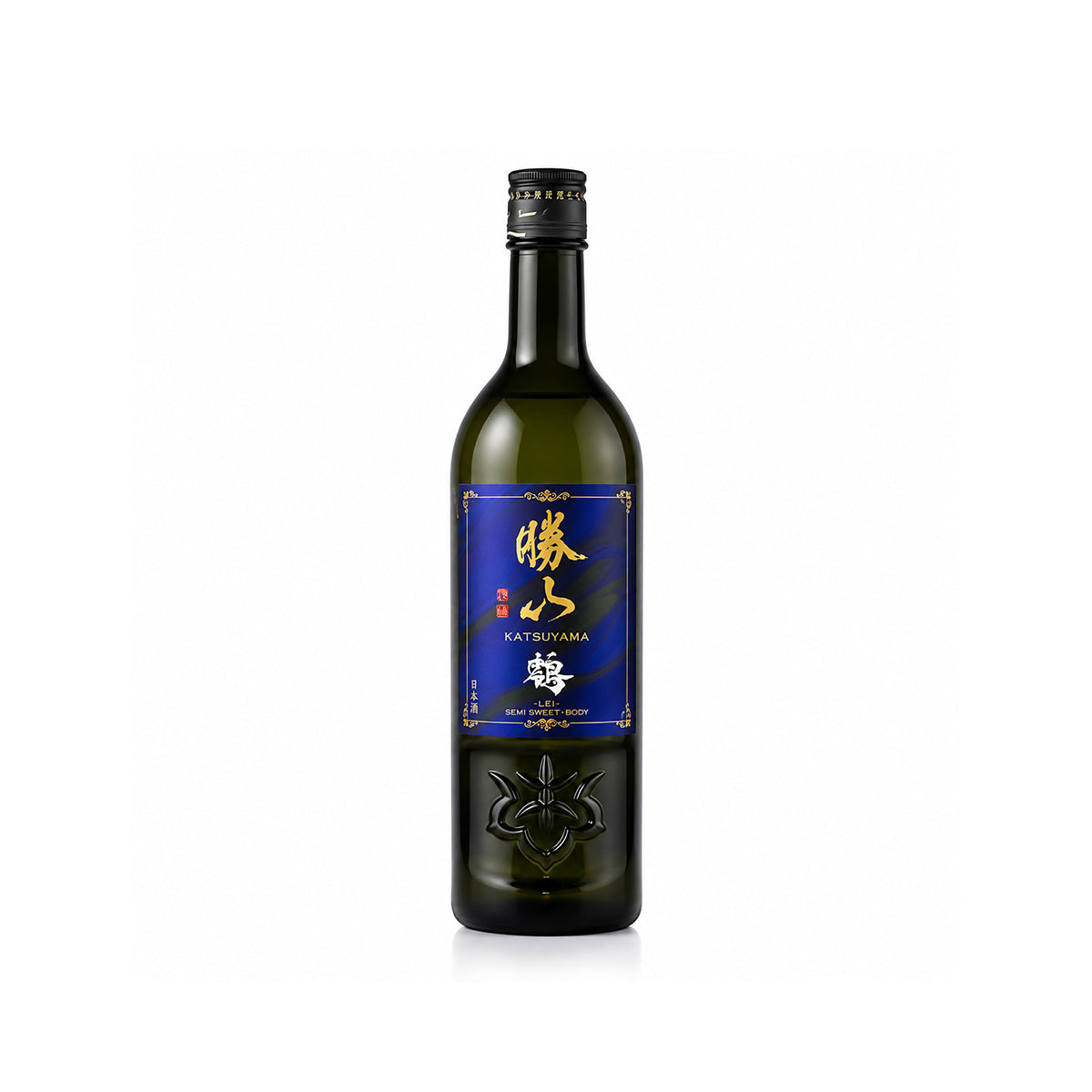 Front view of Katsuyama Junmai Ginjo LEI Sapphire bottle featuring the elegant blue-themed label and distinctive modern branding
