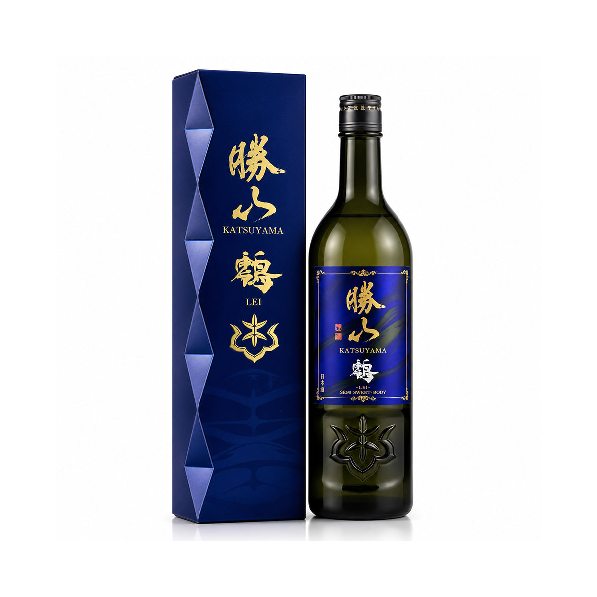 Premium presentation box for Katsuyama LEI Sapphire Junmai Ginjo, highlighting the sophisticated blue design and minimalist luxury aesthetic