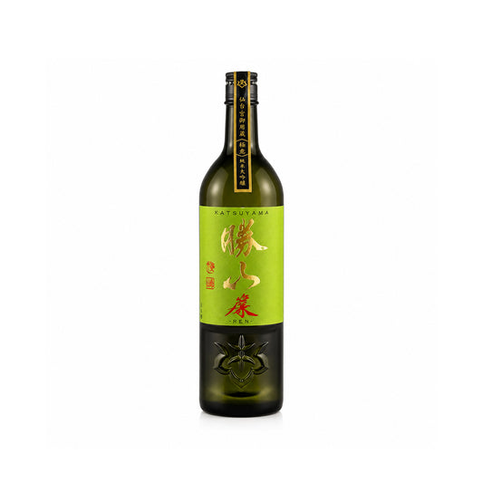 Front profile of Katsuyama Junmai Daiginjo REN bottle featuring its elegant label with minimalist Japanese calligraphy and sleek glass design