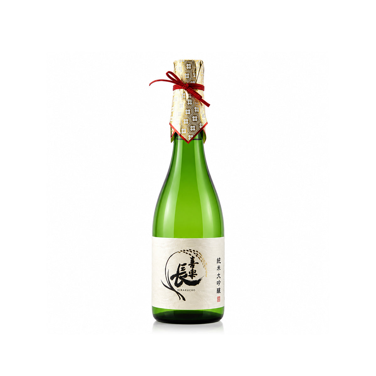 Front view of Kirakucho Junmai Daiginjo bottle featuring the classic label with bold Japanese kanji characters and a clean, traditional aesthetic