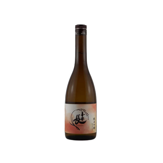 Front view of Kirakucho Junmai Ginjo bottle with its classic cream-colored label and traditional black Japanese calligraphy