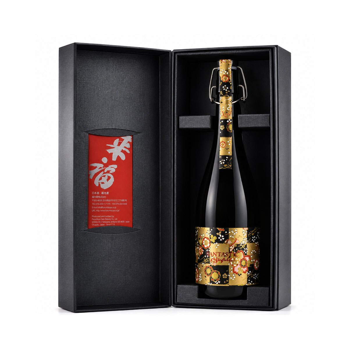 Modern luxury presentation box for Raifuku FANTASTIC VII, showcasing the vibrant design and contemporary Japanese sake packaging