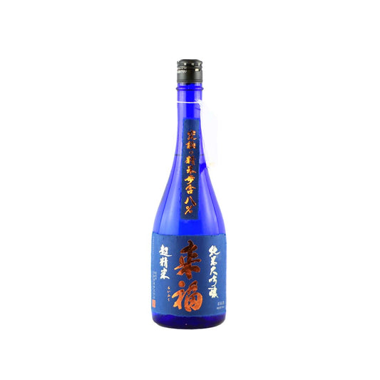 Front view of Raifuku Junmai Daiginjo 8% bottle, showcasing the minimalist premium label and the significant "8%" polishing ratio marking