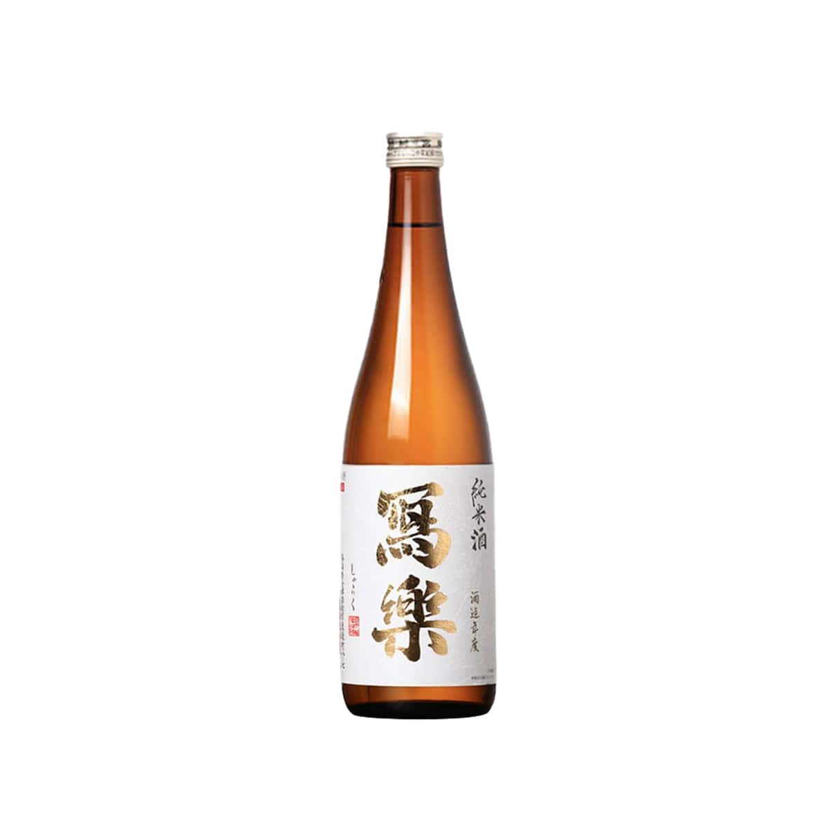 Front view of Sharaku Junmai bottle with its recognizable white label, bold black calligraphy, and signature red seal