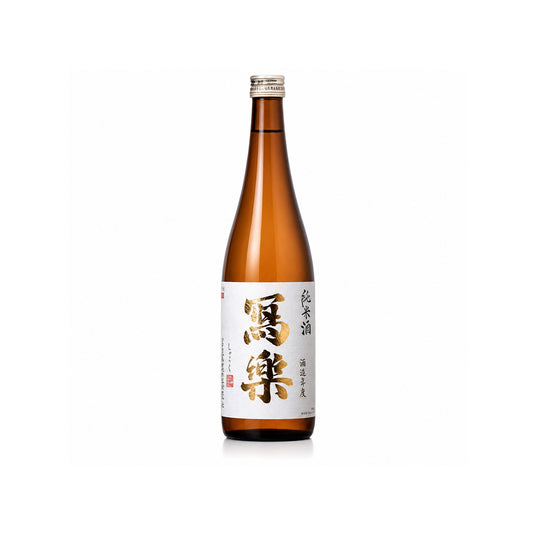 Front view of Sharaku Junmai bottle with its recognizable white label, bold black calligraphy, and signature red seal