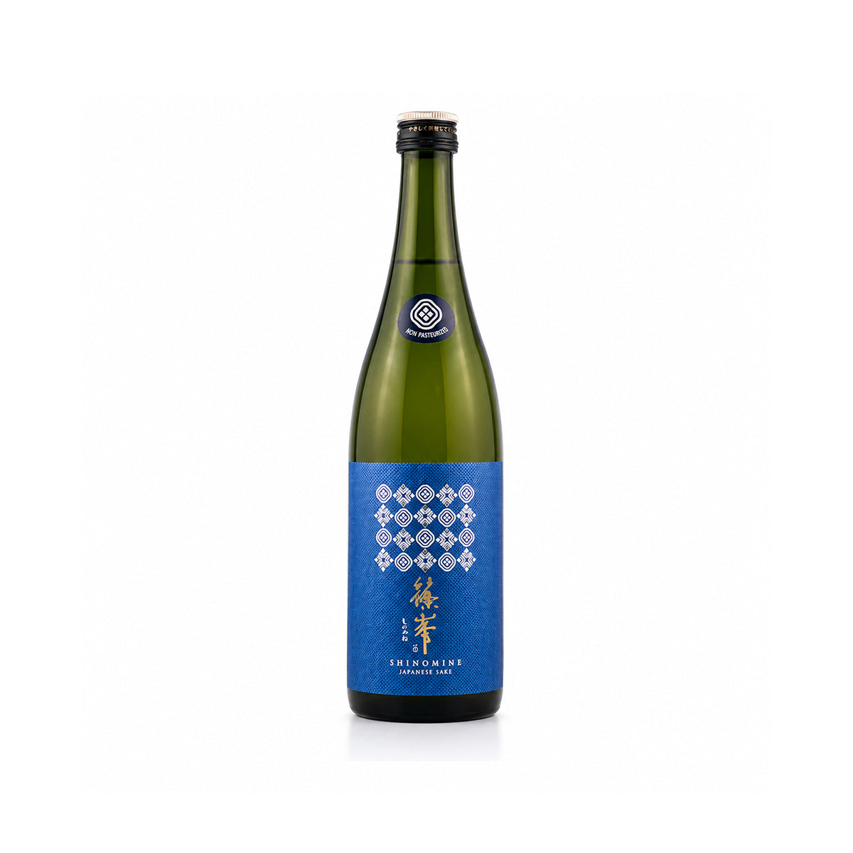 Front view of Shinomine Junmai Ginjo Azure Nama bottle, featuring the vibrant blue "Azure" label and the 'Nama' (unpasteurized) designation