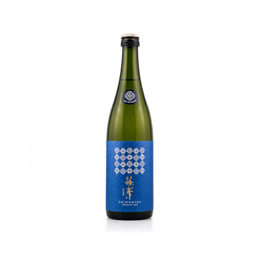Front view of Shinomine Junmai Ginjo Azure Nama bottle, featuring the vibrant blue "Azure" label and the 'Nama' (unpasteurized) designation