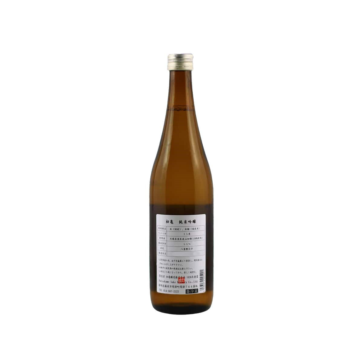 Detailed back label of Hatsukame Junmai Ginjo Tojo Yamada Nishiki showing brewing specs and rice origin