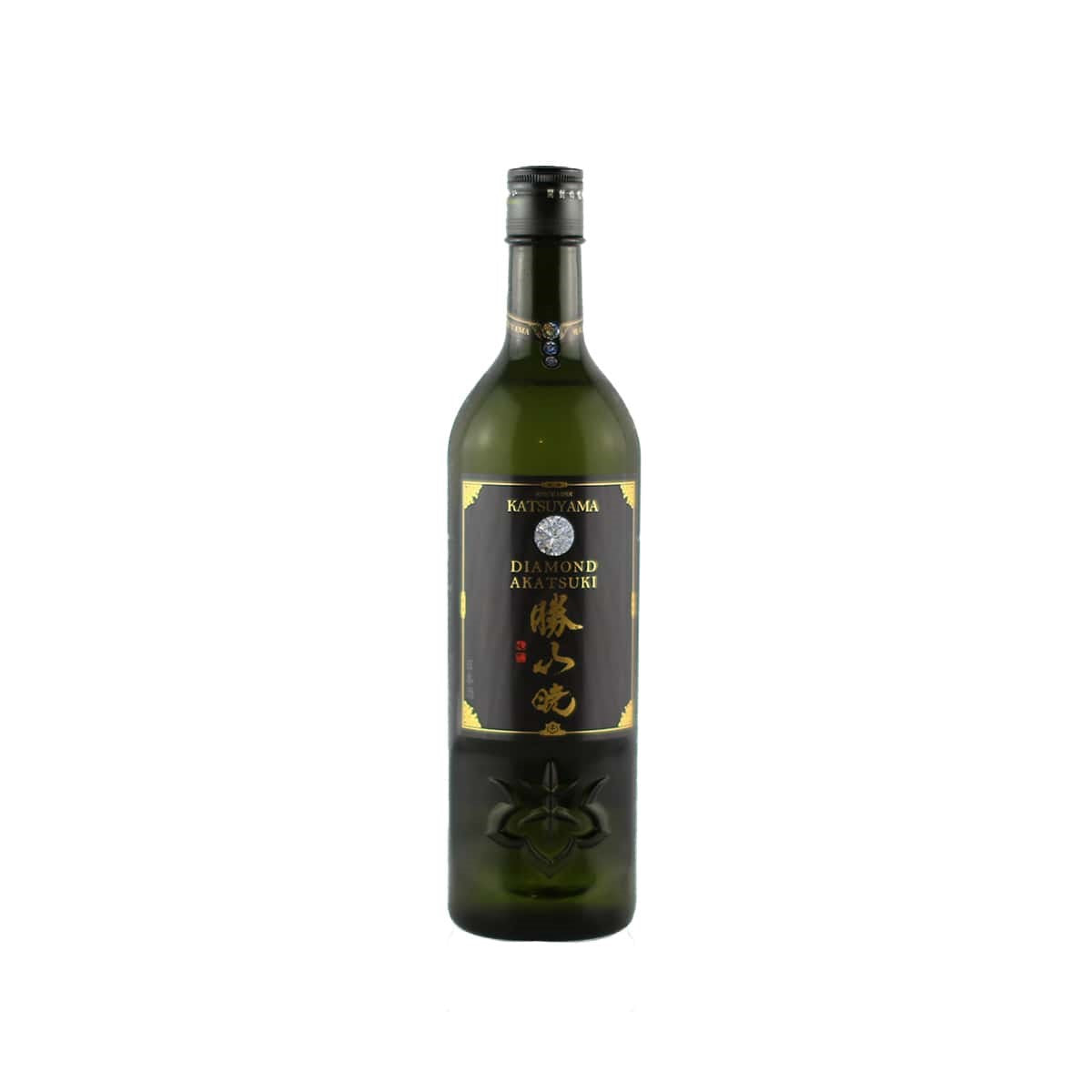 Front view of the ultra-premium Katsuyama Diamond Akatsuki sake bottle with its signature dark label and elegant gold and silver detailing