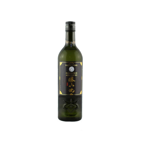 Front view of the ultra-premium Katsuyama Diamond Akatsuki sake bottle with its signature dark label and elegant gold and silver detailing