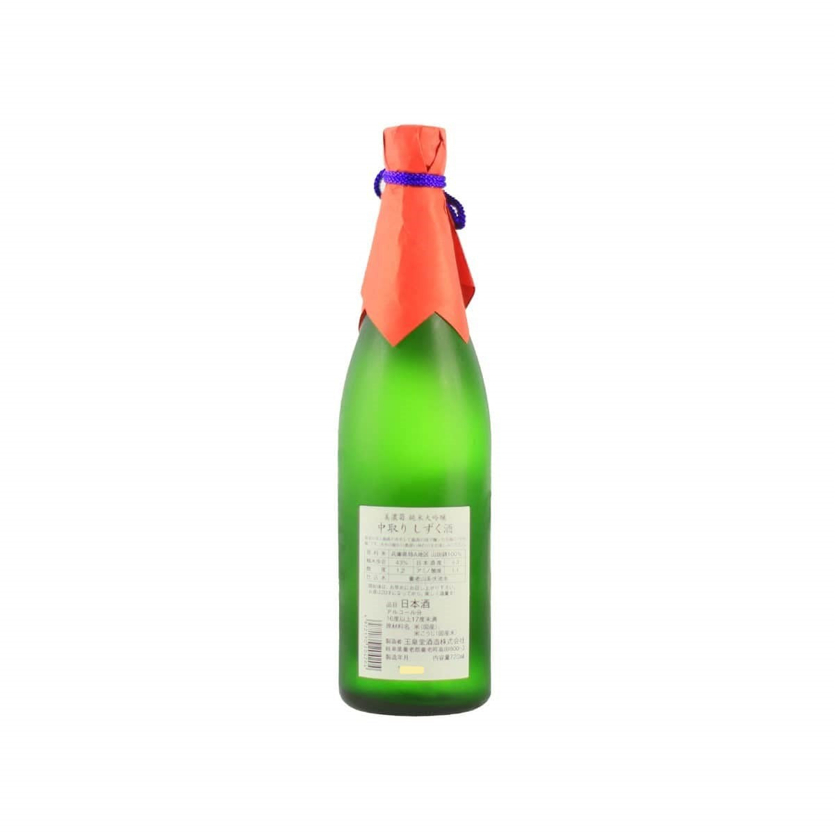 Back label of Minogiku Nakadori Shizuku showing the technical data, drip-press (Shizuku) method, and Gifu Prefecture origin