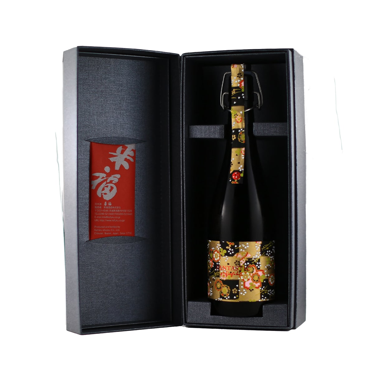 Modern luxury presentation box for Raifuku FANTASTIC VII, showcasing the vibrant design and contemporary Japanese sake packaging