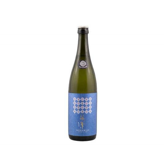 Front view of Shinomine Junmai Ginjo Azure Nama bottle, featuring the vibrant blue "Azure" label and the 'Nama' (unpasteurized) designation